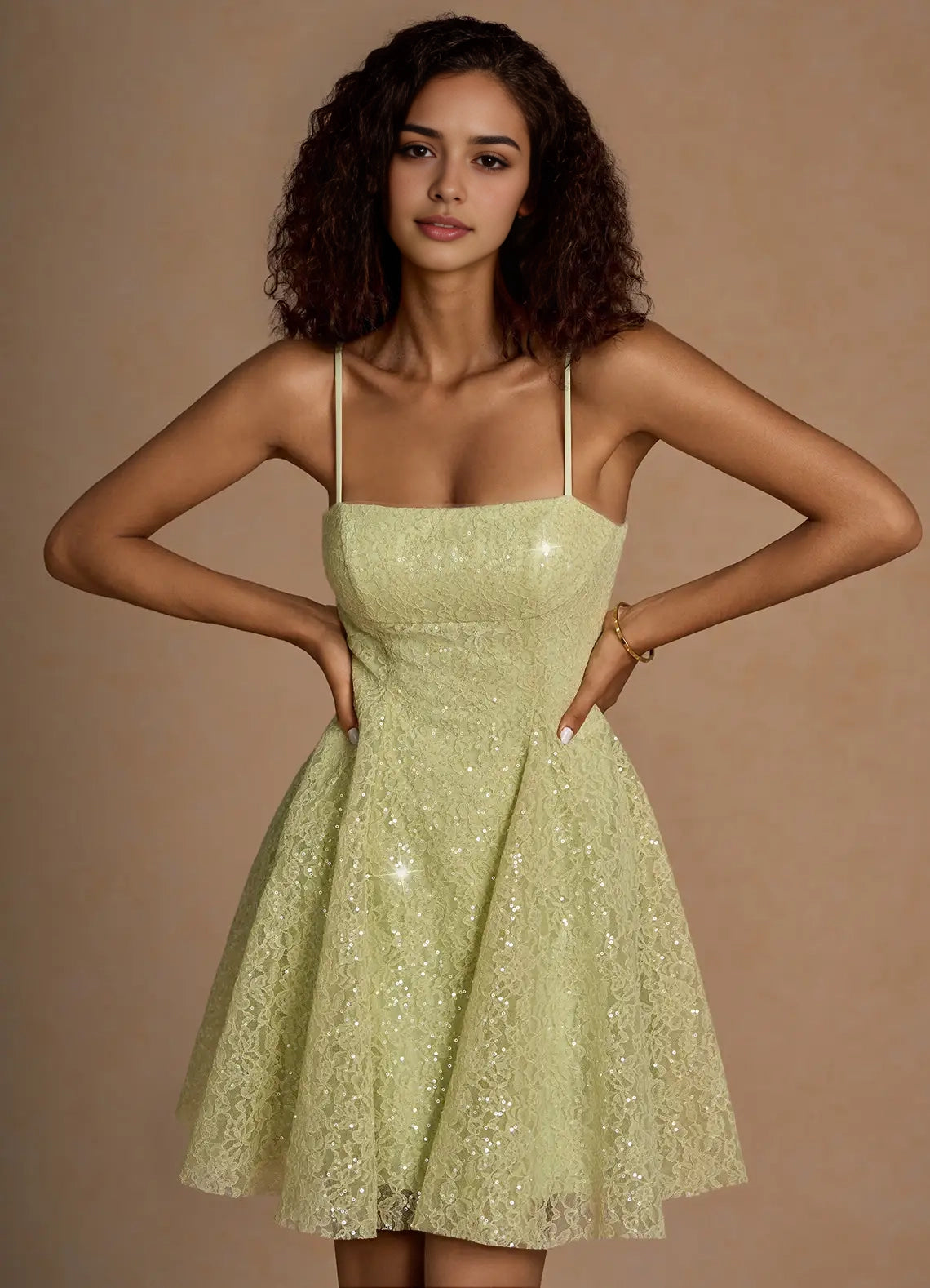 Lime Green Sequin Lace Mini Dress with Criss - Cross Back Xenia Dusty Green Sequin Mini Dress Homecoming Dresses
