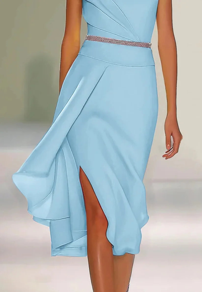 Light Blue Asymmetrical Neck Cap Sleeve Rhinestone A-Line Midi Dress simple gentle atmospheric and unique desi Bring summer colors to enhance whiteness