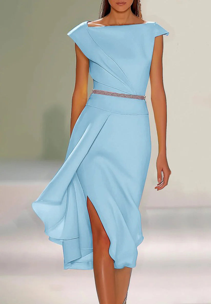 Light Blue Asymmetrical Neck Cap Sleeve Rhinestone A-Line Midi Dress simple gentle atmospheric and unique desi Bring summer colors to enhance whiteness