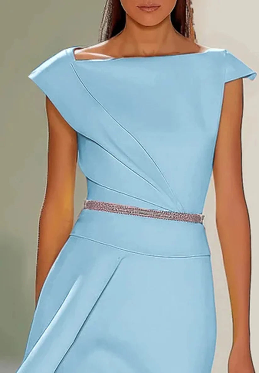 Light Blue Asymmetrical Neck Cap Sleeve Rhinestone A-Line Midi Dress simple gentle atmospheric and unique desi Bring summer colors to enhance whiteness