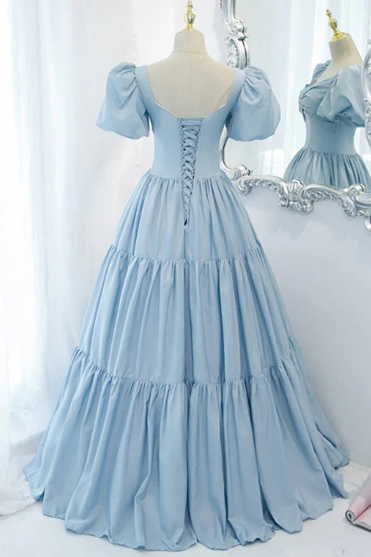 Light Blue Ball Gown Long Formal Dress Short Sleeves simple gentle atmospheric and unique desi Bring summer colors to enhance whiteness