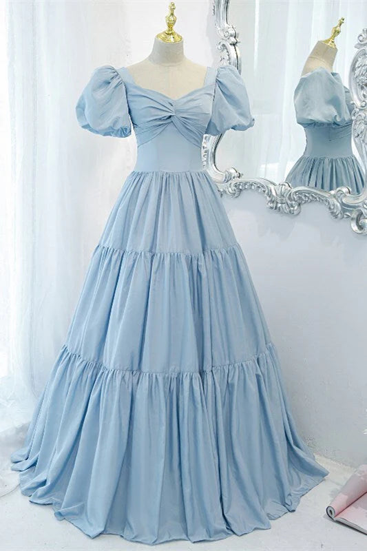 Light Blue Ball Gown Long Formal Dress Short Sleeves simple gentle atmospheric and unique desi Bring summer colors to enhance whiteness