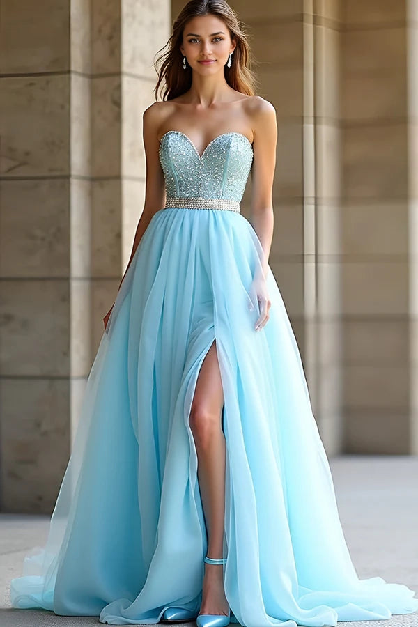 Light Blue Beaded Strapless A Line Long Prom Dress with Slit simple gentle atmospheric and unique desi Bring summer colors to enhance whiteness