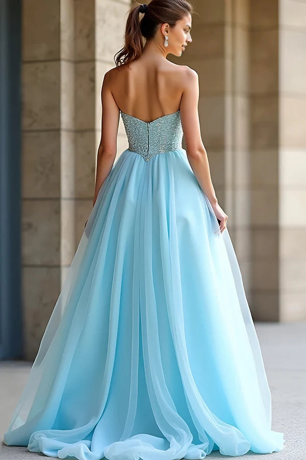 Light Blue Beaded Strapless A Line Long Prom Dress with Slit simple gentle atmospheric and unique desi Bring summer colors to enhance whiteness