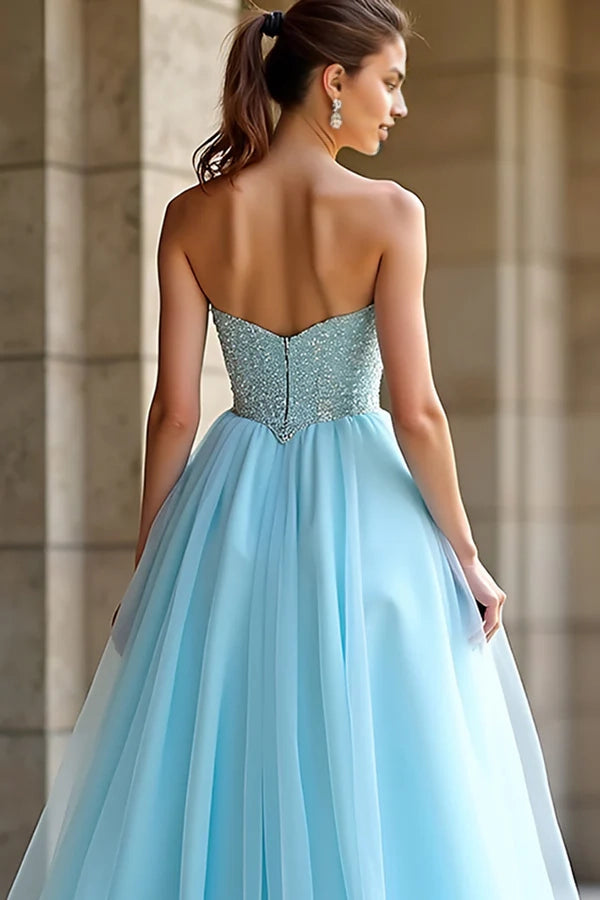 Light Blue Beaded Strapless A Line Long Prom Dress with Slit simple gentle atmospheric and unique desi Bring summer colors to enhance whiteness