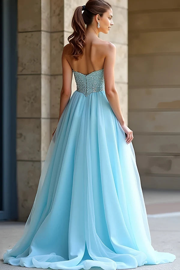 Light Blue Beaded Strapless A Line Long Prom Dress with Slit simple gentle atmospheric and unique desi Bring summer colors to enhance whiteness