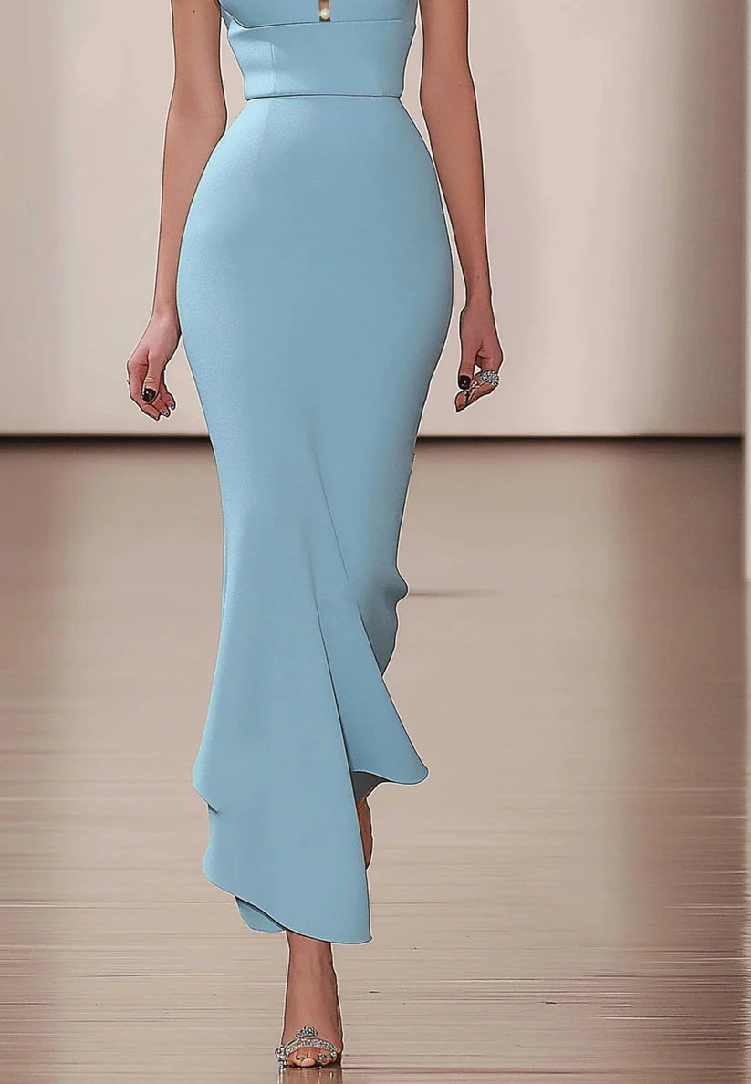 Light Blue Imitation Pearls Square Neck Short Sleeve Maxi Dress simple gentle atmospheric and unique desi Bring summer colors to enhance whiteness