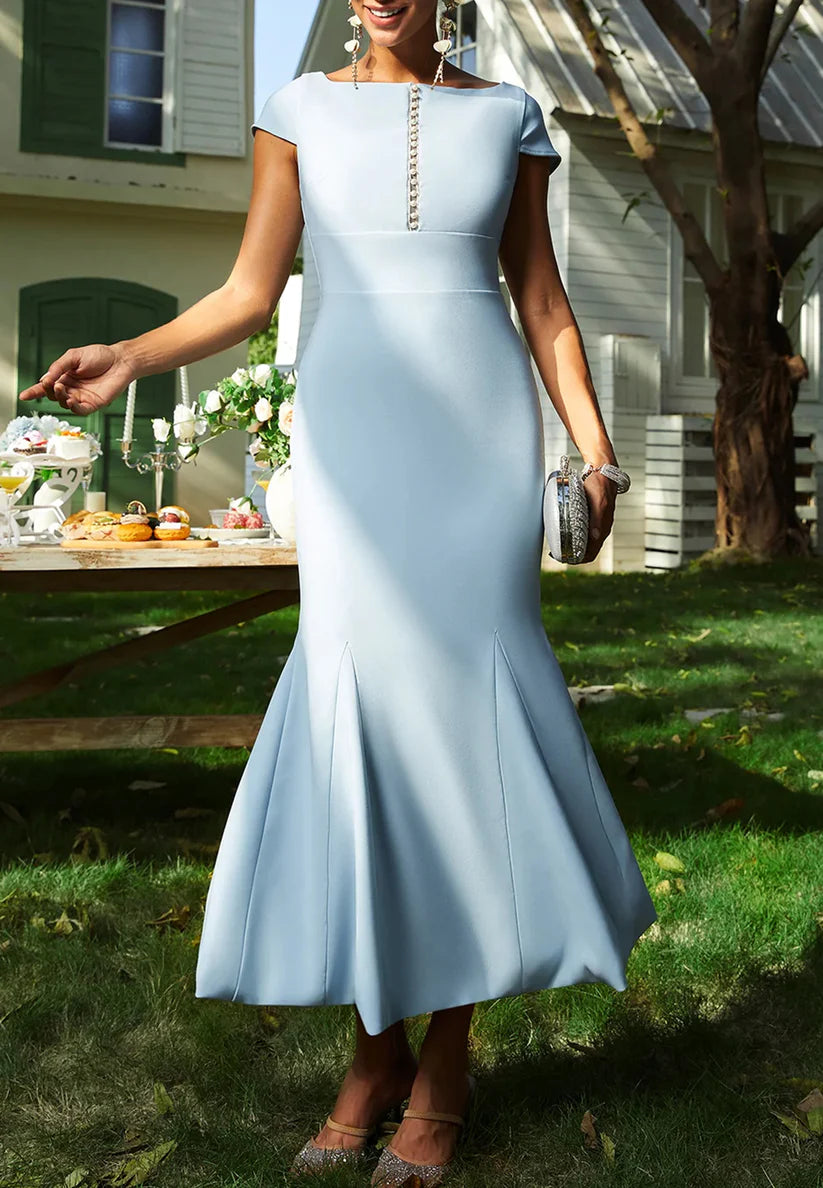 Light Blue Imitation Pearls Square Neck Short Sleeve Maxi Dress simple gentle atmospheric and unique desi Bring summer colors to enhance whiteness