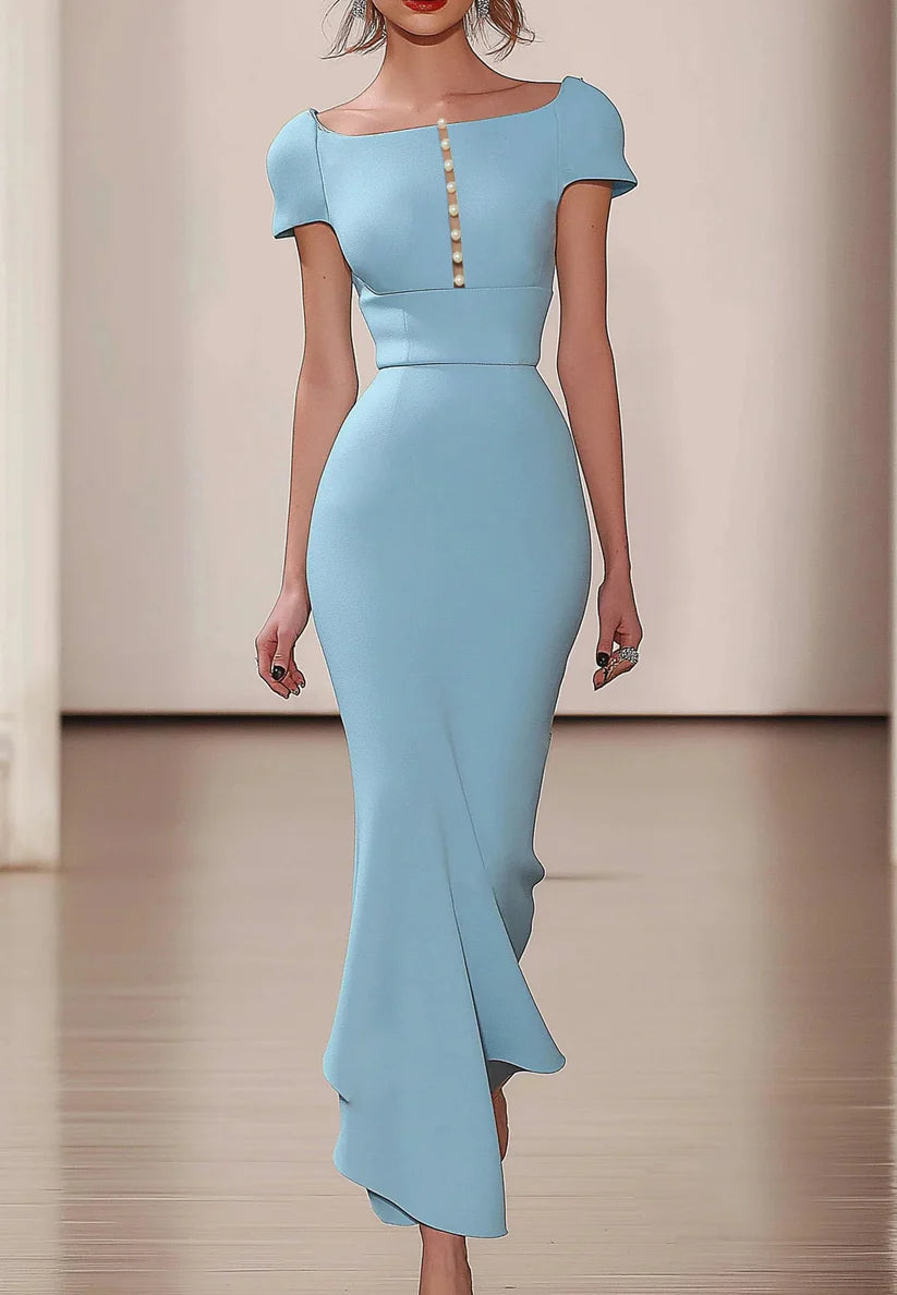 Light Blue Imitation Pearls Square Neck Short Sleeve Maxi Dress simple gentle atmospheric and unique desi Bring summer colors to enhance whiteness