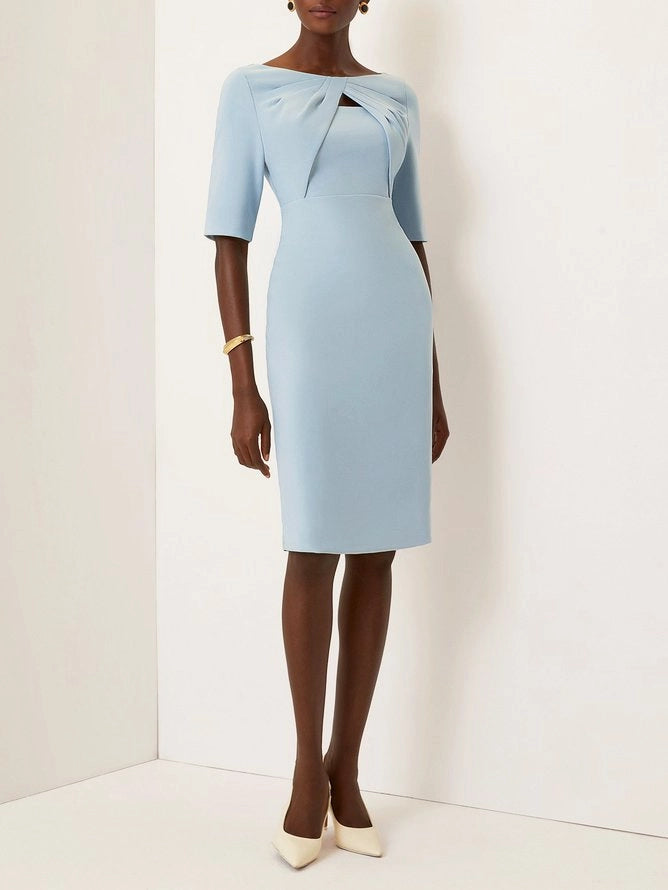 Light Blue Knot Classic Boat Neck Half Sleeve Sheath Dress simple gentle atmospheric and unique desi Bring summer colors to enhance whiteness