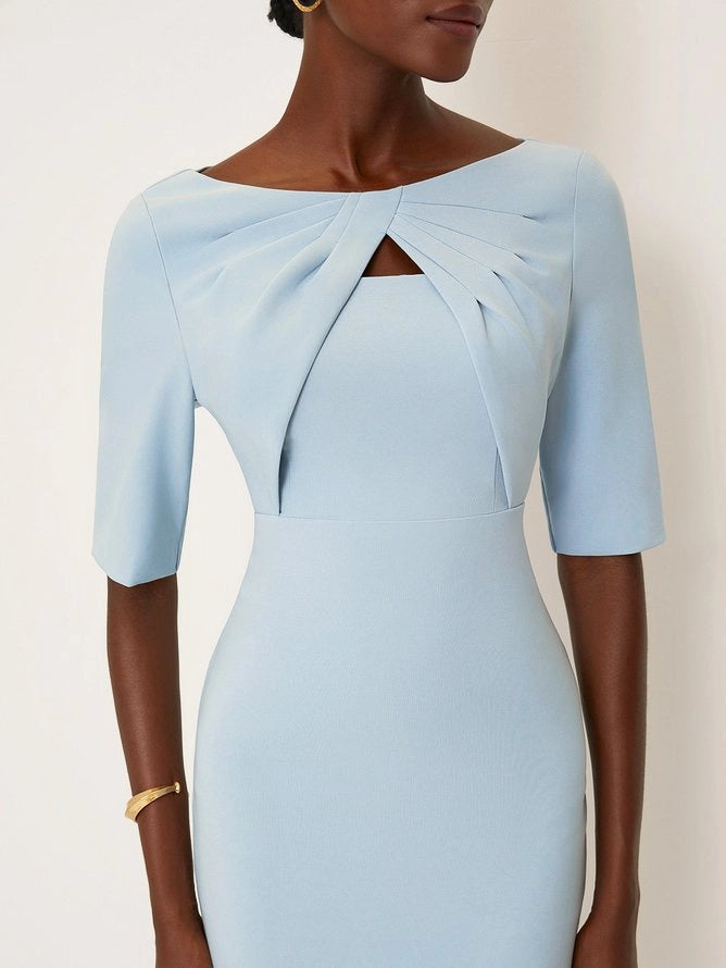 Light Blue Knot Classic Boat Neck Half Sleeve Sheath Dress simple gentle atmospheric and unique desi Bring summer colors to enhance whiteness