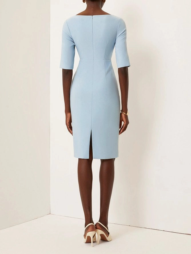 Light Blue Knot Classic Boat Neck Half Sleeve Sheath Dress simple gentle atmospheric and unique desi Bring summer colors to enhance whiteness