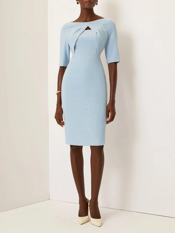 Light Blue Knot Classic Boat Neck Half Sleeve Sheath Dress simple gentle atmospheric and unique desi Bring summer colors to enhance whiteness