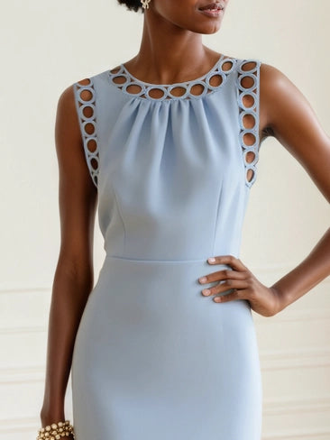 Light Blue Lace Classic Crew Neck Sleeveless Sheath Dress simple gentle atmospheric and unique desi Bring summer colors to enhance whiteness