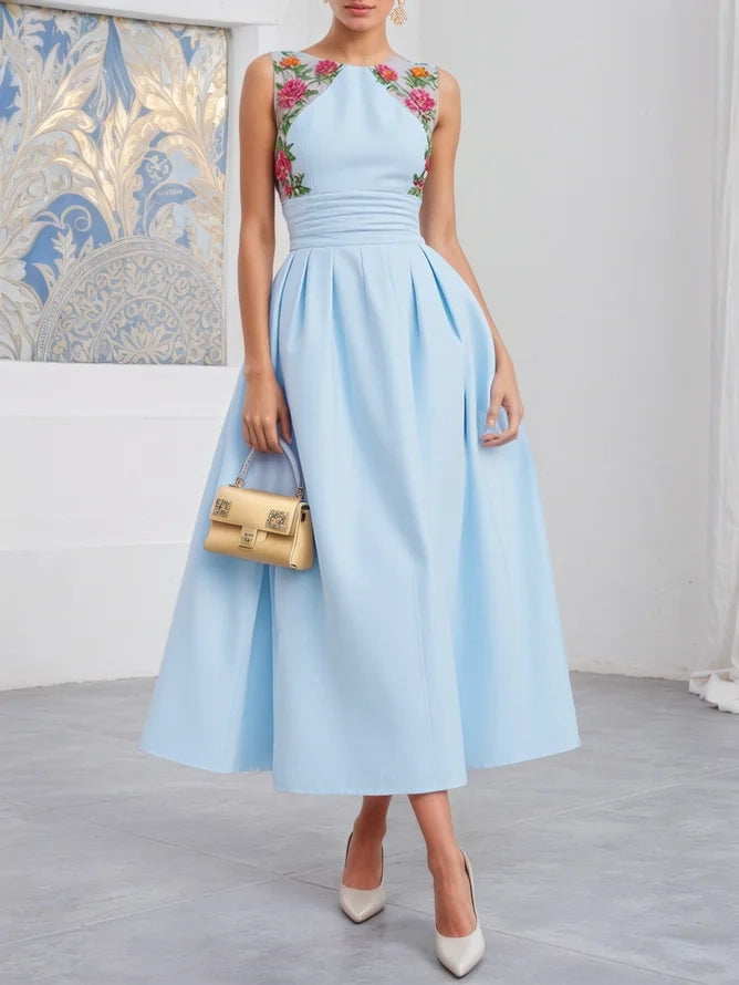 Light Blue Lace Ruched Classic Crew Neck Sleeveless A-Line Midi Dress simple gentle atmospheric and unique desi Bring summer colors to enhance whiteness