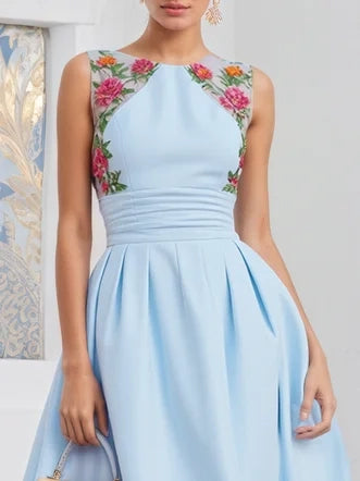 Light Blue Lace Ruched Classic Crew Neck Sleeveless A-Line Midi Dress simple gentle atmospheric and unique desi Bring summer colors to enhance whiteness