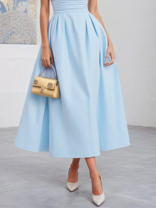 Light Blue Lace Ruched Classic Crew Neck Sleeveless A-Line Midi Dress simple gentle atmospheric and unique desi Bring summer colors to enhance whiteness