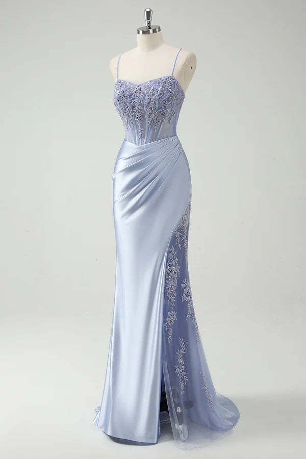 Light Blue Mermaid Ruched Long Prom Dress with Appliqued Beading simple gentle atmospheric and unique desi Bring summer colors to enhance whiteness