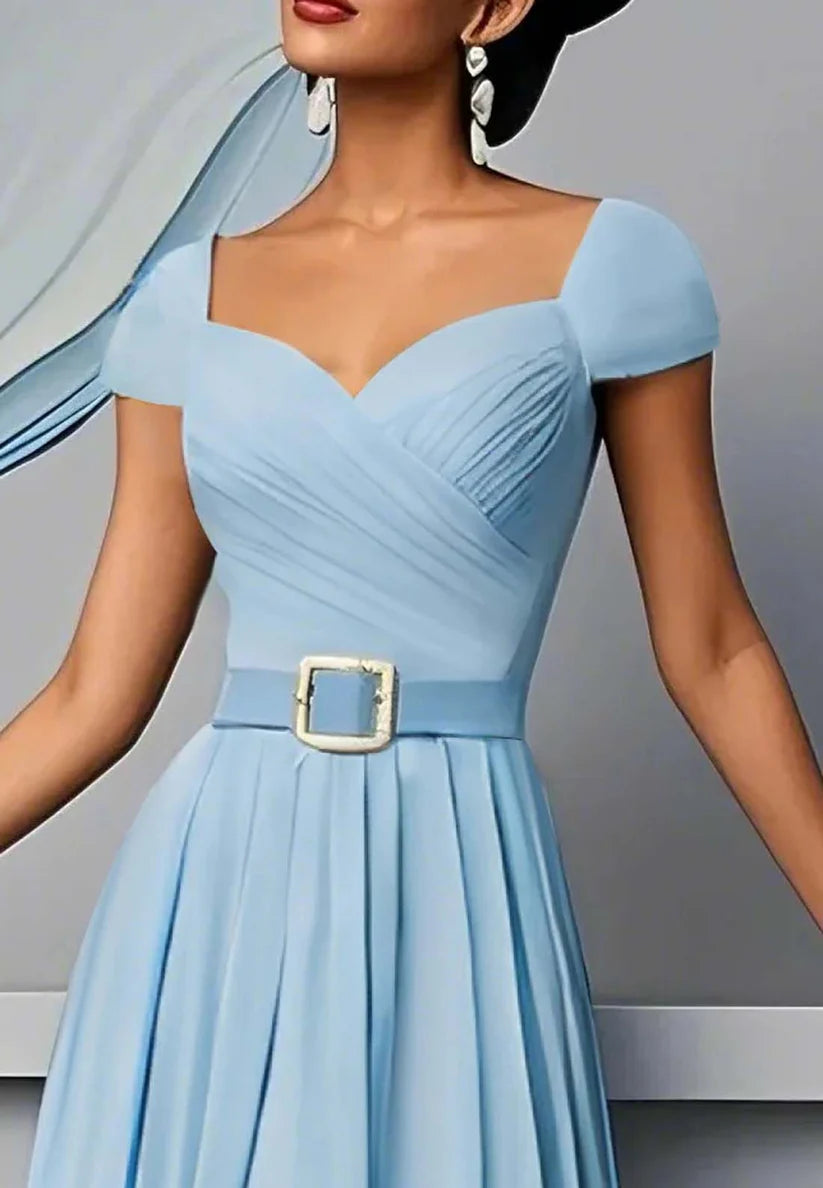 Light Blue Pleated Ruched Sweetheart Neckline A-Line Maxi Chiffon Dress simple gentle atmospheric and unique desi Bring summer colors to enhance whiteness