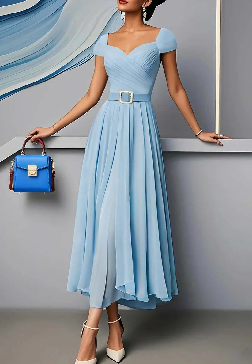 Light Blue Pleated Ruched Sweetheart Neckline A-Line Maxi Chiffon Dress simple gentle atmospheric and unique desi Bring summer colors to enhance whiteness