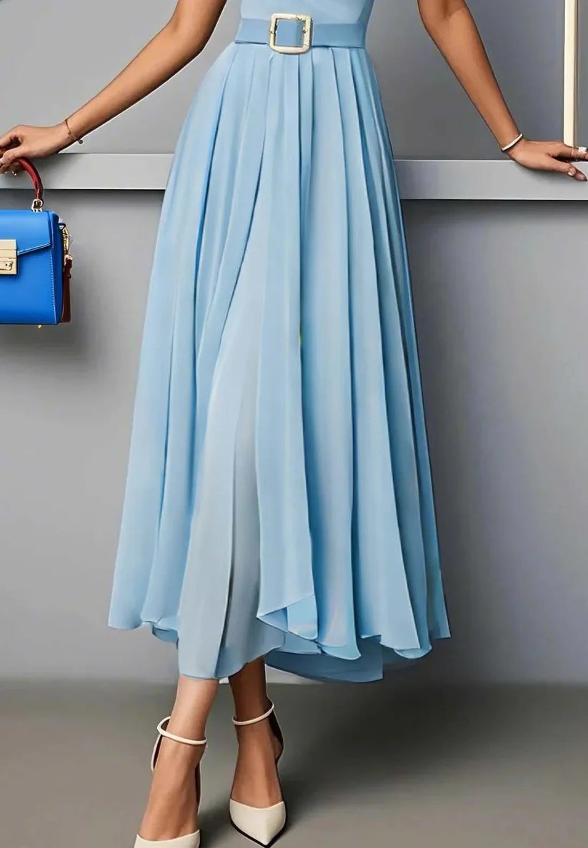 Light Blue Pleated Ruched Sweetheart Neckline A-Line Maxi Chiffon Dress simple gentle atmospheric and unique desi Bring summer colors to enhance whiteness