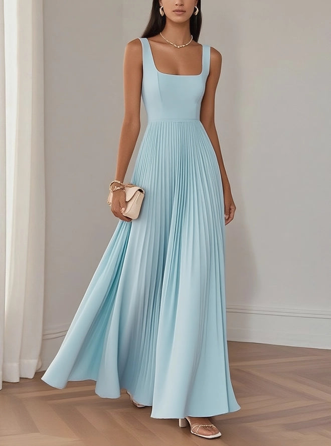 Light Blue Pleated Square Neck Sleeveless A-Line Maxi Dress simple gentle atmospheric and unique desi Bring summer colors to enhance whiteness ﻿