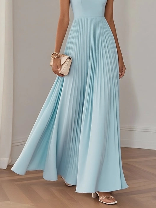 Light Blue Pleated Square Neck Sleeveless A-Line Maxi Dress simple gentle atmospheric and unique desi Bring summer colors to enhance whiteness ﻿