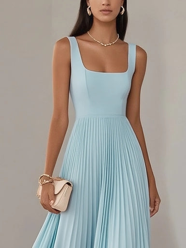 Light Blue Pleated Square Neck Sleeveless A-Line Maxi Dress simple gentle atmospheric and unique desi Bring summer colors to enhance whiteness ﻿