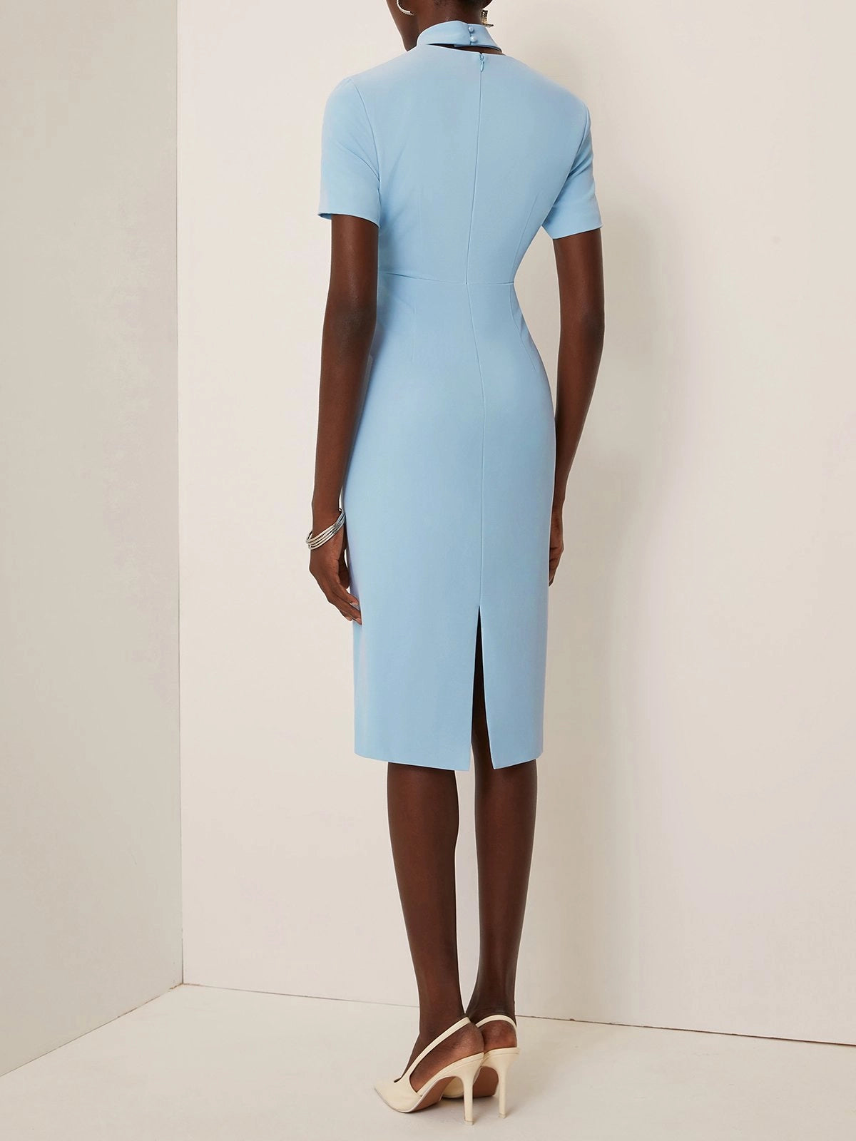 Light Blue Rhinestone Classic Square Neck Short Sleeve Sheath Midi Dress simple gentle atmospheric and unique desi Bring summer colors to enhance whiteness