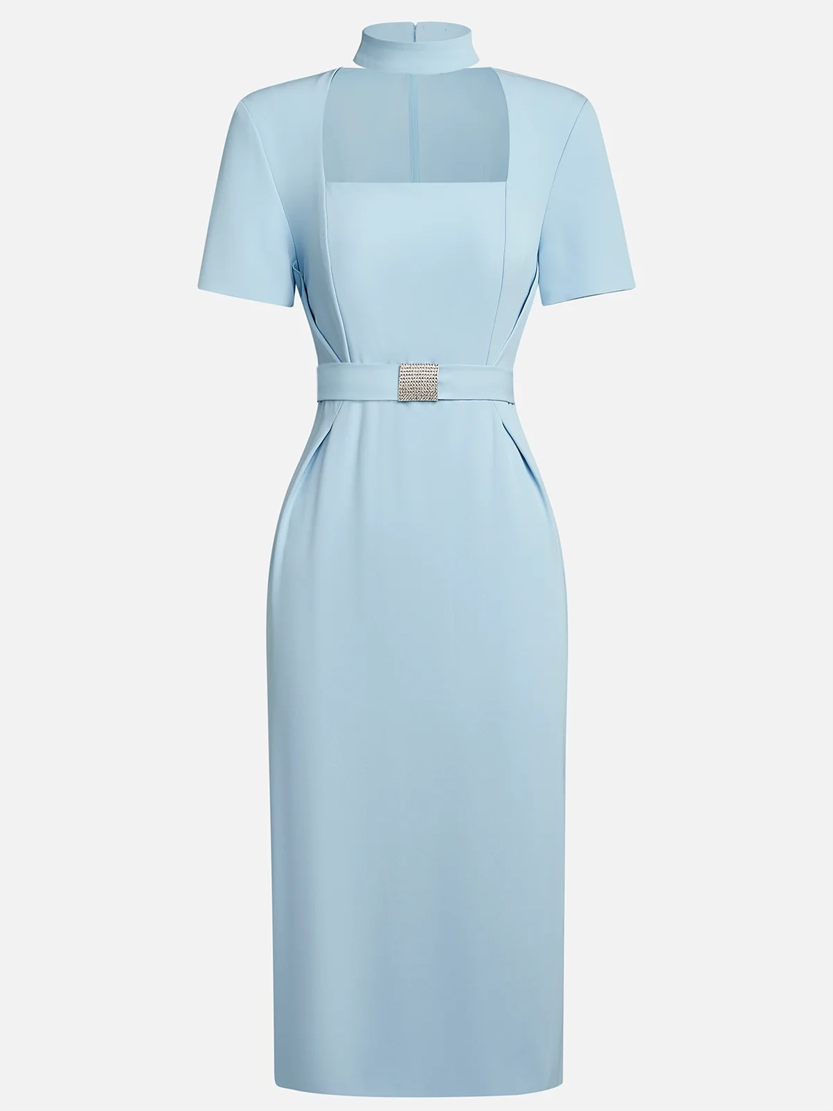 Light Blue Rhinestone Classic Square Neck Short Sleeve Sheath Midi Dress simple gentle atmospheric and unique desi Bring summer colors to enhance whiteness ﻿
