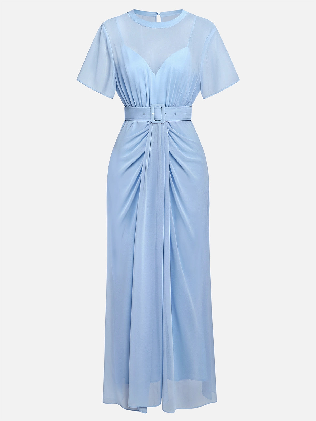 Light Blue Ruched Chiffon Crew Neck Short Sleeve A-Line Maxi Dress simple gentle atmospheric and unique desi Bring summer colors to enhance whiteness