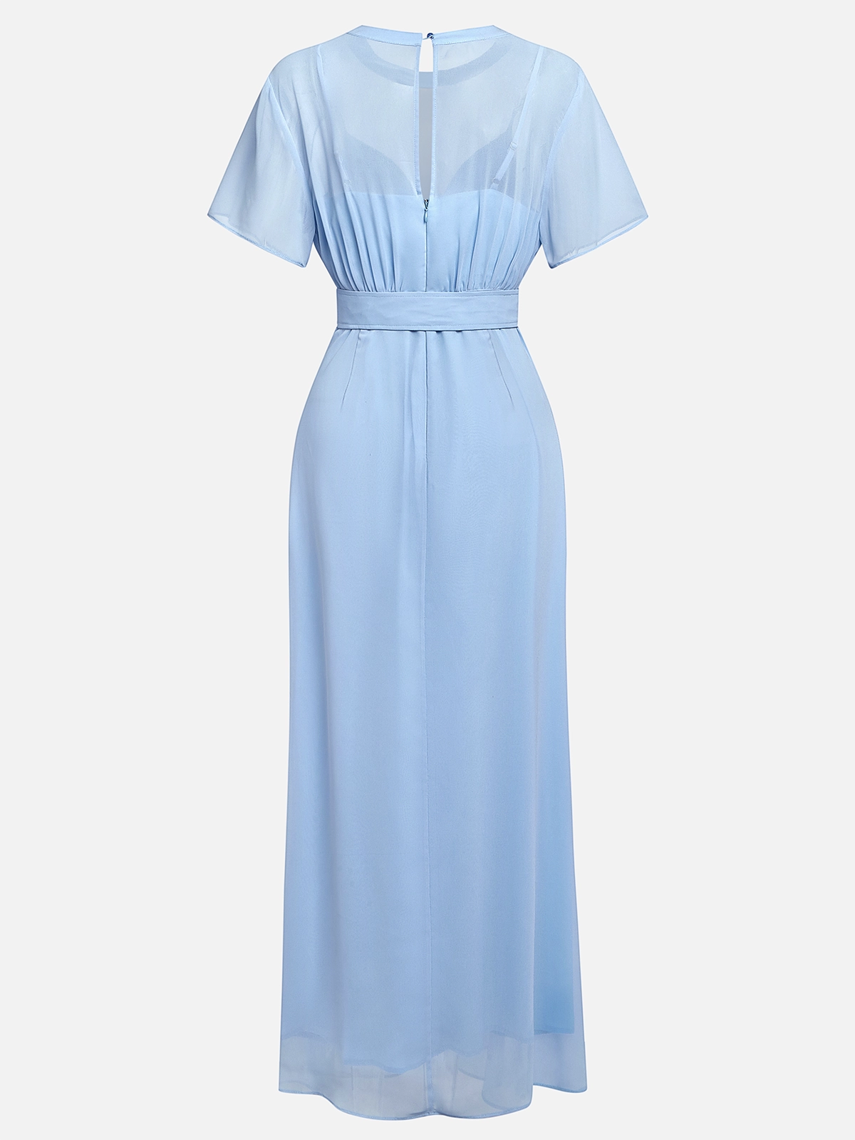 Light Blue Ruched Chiffon Crew Neck Short Sleeve A-Line Maxi Dress simple gentle atmospheric and unique desi Bring summer colors to enhance whiteness