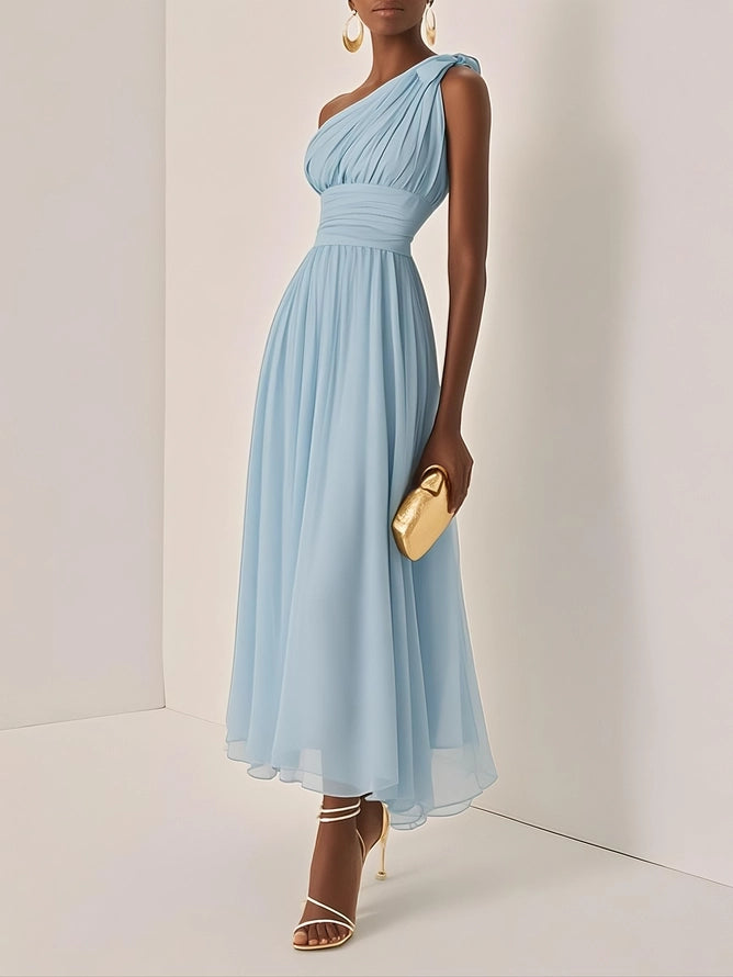 Light Blue Ruched Chiffon One Shoulder Sleeveless A-Line Maxi Dress simple gentle atmospheric and unique desi Bring summer colors to enhance whiteness