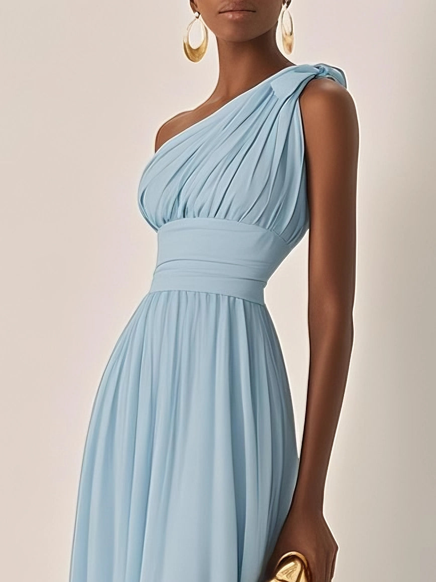 Light Blue Ruched Chiffon One Shoulder Sleeveless A-Line Maxi Dress simple gentle atmospheric and unique desi Bring summer colors to enhance whiteness