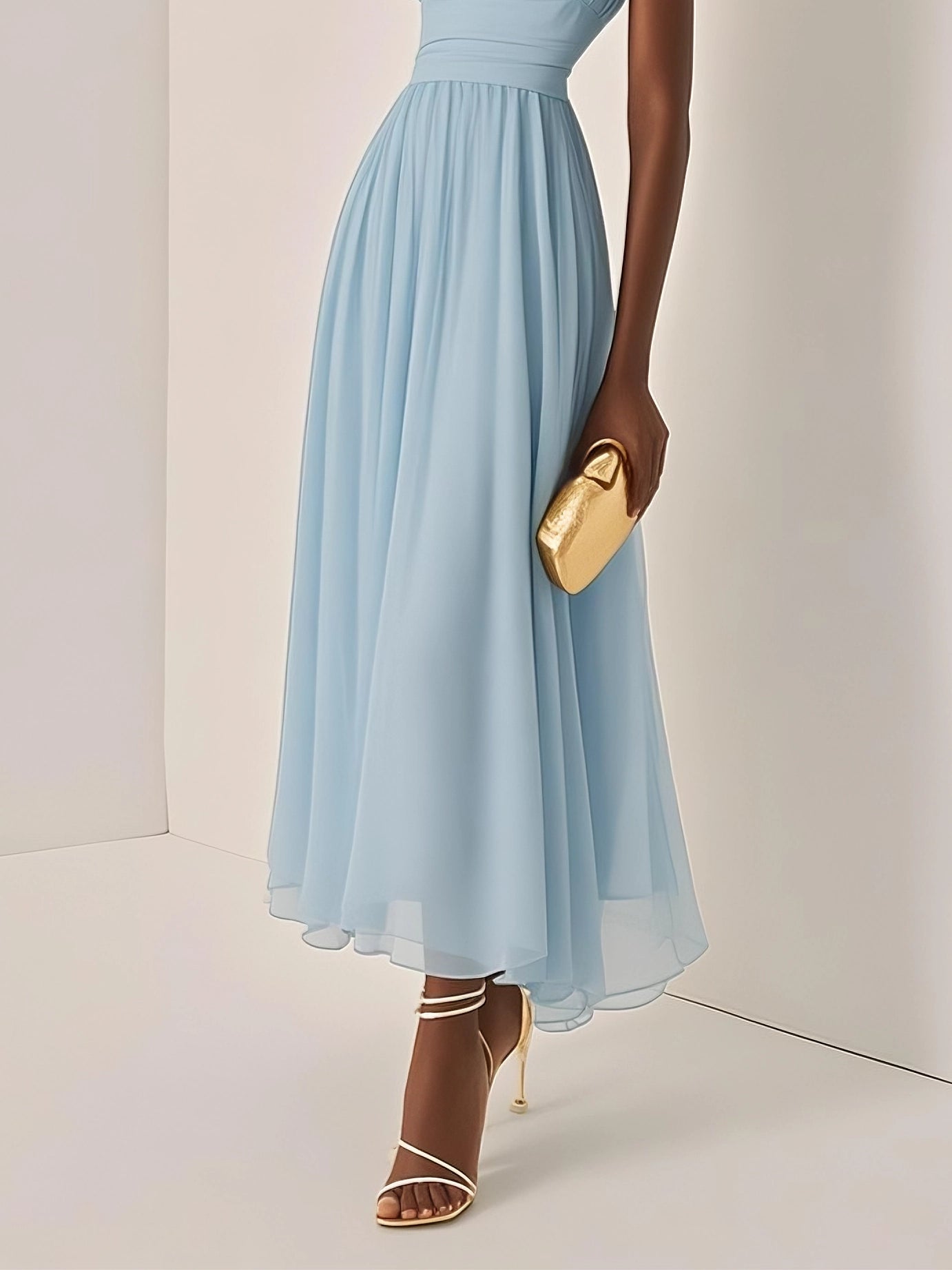 Light Blue Ruched Chiffon One Shoulder Sleeveless A-Line Maxi Dress simple gentle atmospheric and unique desi Bring summer colors to enhance whiteness