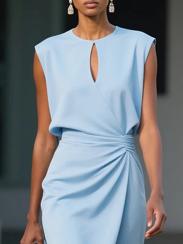 Light Blue Ruched Hollow Out Classic Crew Neck Cap Sleeve Sheath Midi Dress simple gentle atmospheric and unique desi Bring summer colors to enhance whiteness