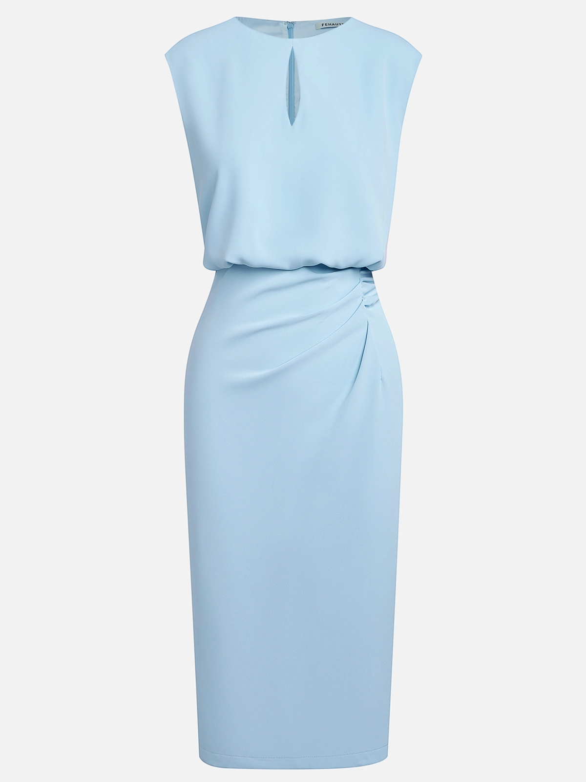 Light Blue Ruched Hollow Out Classic Crew Neck Cap Sleeve Sheath Midi Dress simple gentle atmospheric and unique desi Bring summer colors to enhance whiteness