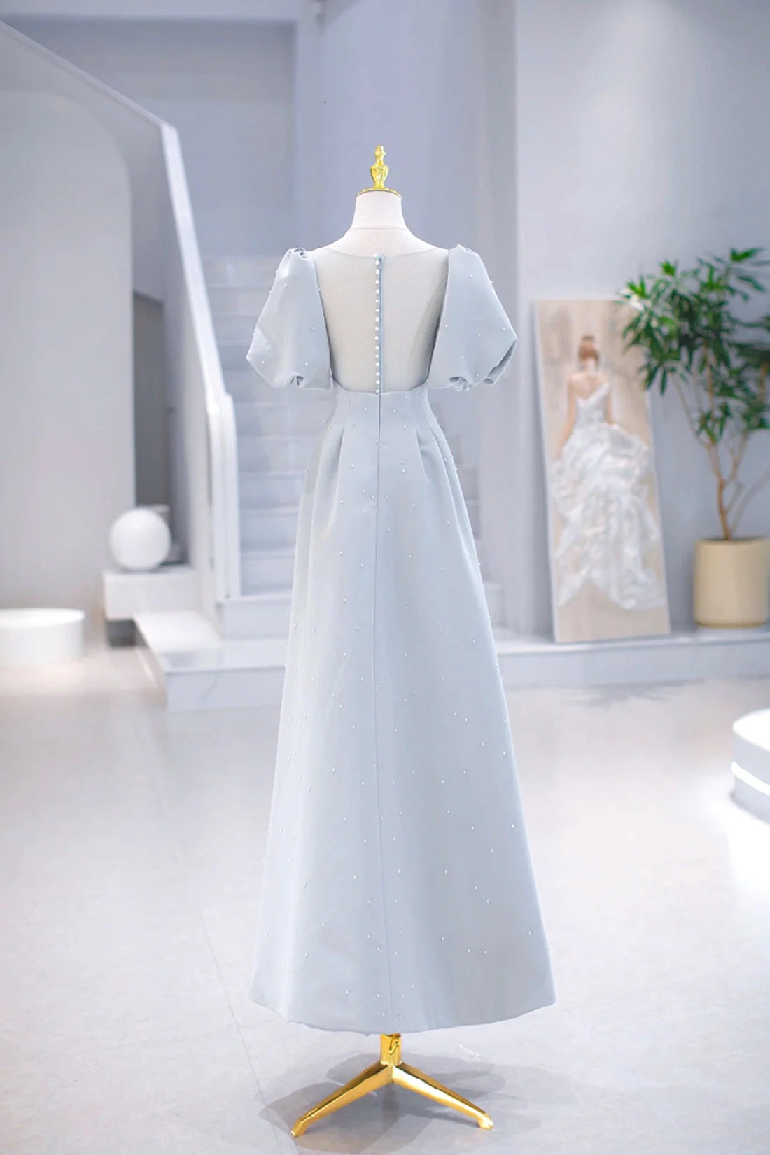 Light Blue Satin Long Prom Dress with Pearls A-Line Short Sleeve Party Dress simple gentle atmospheric and unique desi Bring summer colors to enhance white