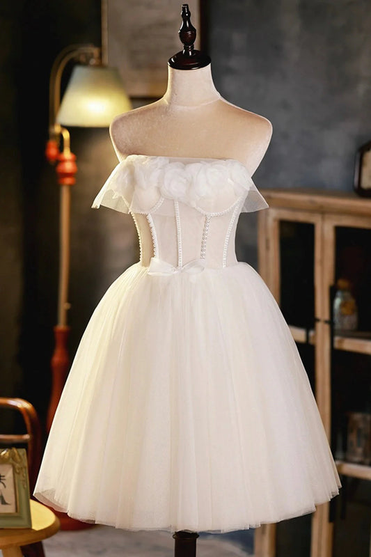 Light Champagne Strapless Tulle Short Prom Dress with 3D Flowers Cute A-Line Party Dress simple gentle atmospheric and unique desi Bring summer colors to enhance white