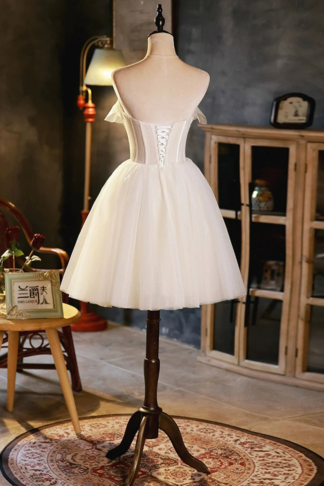 Light Champagne Strapless Tulle Short Prom Dress with 3D Flowers Cute A-Line Party Dress simple gentle atmospheric and unique desi Bring summer colors to enhance white