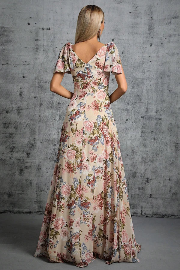 Light Khaki Floral Printed A-Line V-neck Long Prom Dress simple gentle atmospheric and unique desi Bring summer colors to enhance whiteness