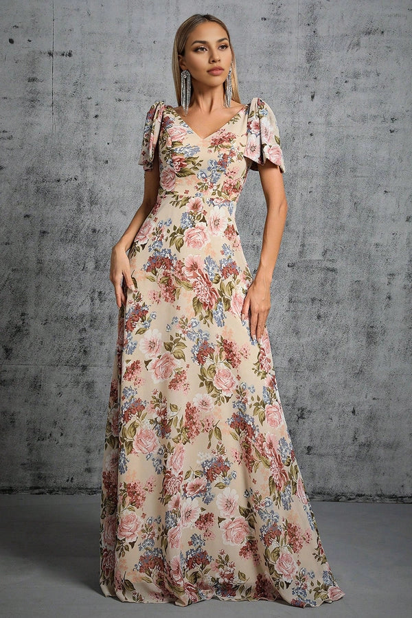 Light Khaki Floral Printed A-Line V-neck Long Prom Dress simple gentle atmospheric and unique desi Bring summer colors to enhance whiteness