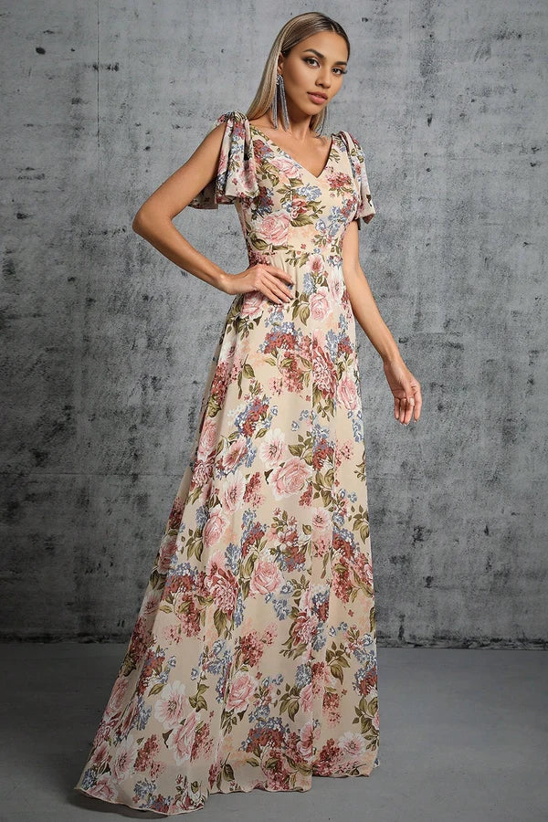 Light Khaki Floral Printed A-Line V-neck Long Prom Dress simple gentle atmospheric and unique desi Bring summer colors to enhance whiteness