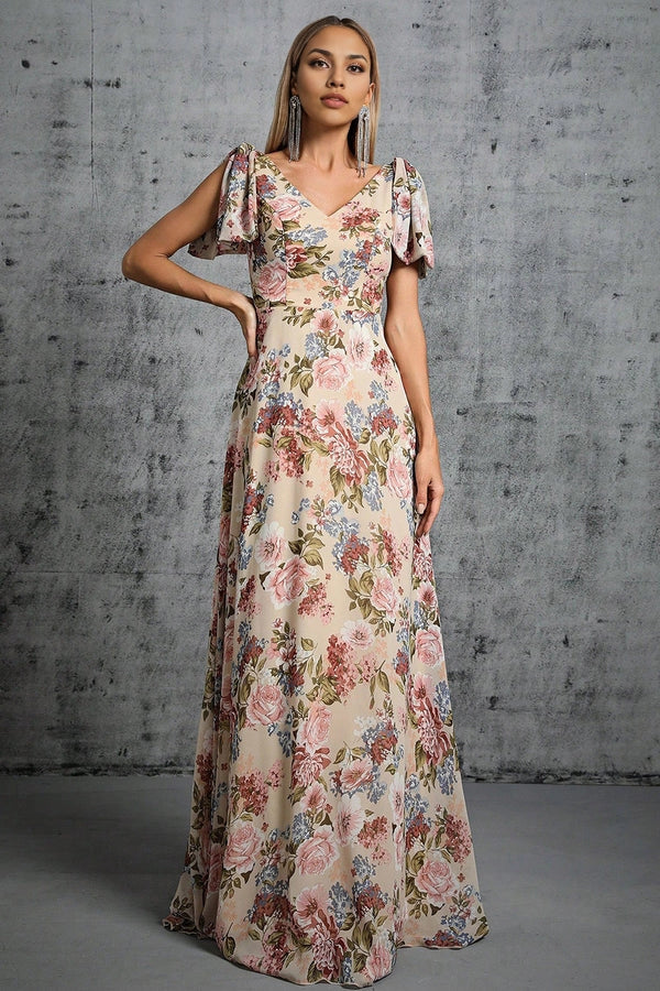 Light Khaki Floral Printed A-Line V-neck Long Prom Dress simple gentle atmospheric and unique desi Bring summer colors to enhance whiteness