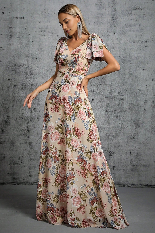 Light Khaki Floral Printed A-Line V-neck Long Prom Dress simple gentle atmospheric and unique desi Bring summer colors to enhance whiteness