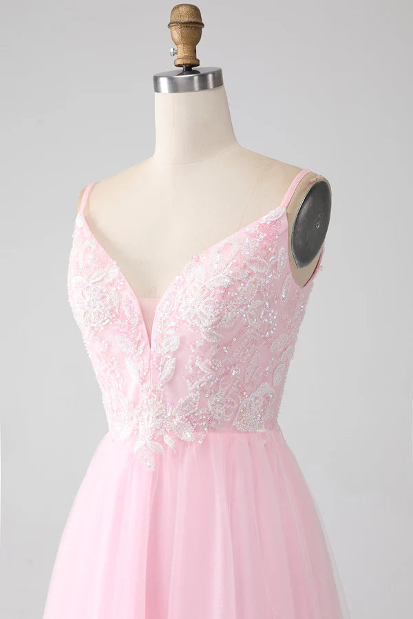 Light Pink A-Line Spaghetti Straps Prom Dress with Beading simple gentle atmospheric and unique desi