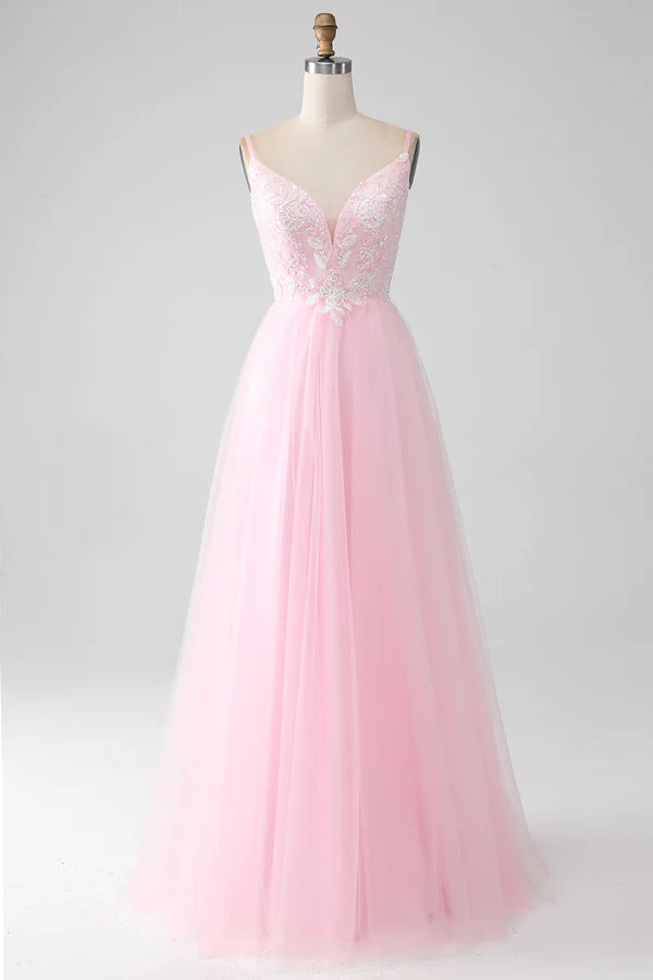 Light Pink A-Line Spaghetti Straps Prom Dress with Beading simple gentle atmospheric and unique desi