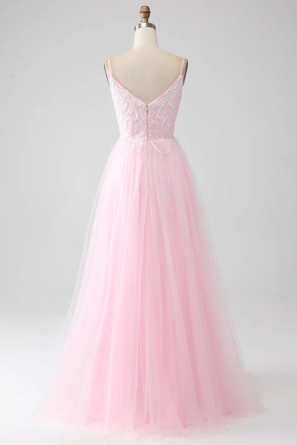 Light Pink A-Line Spaghetti Straps Prom Dress with Beading simple gentle atmospheric and unique desi
