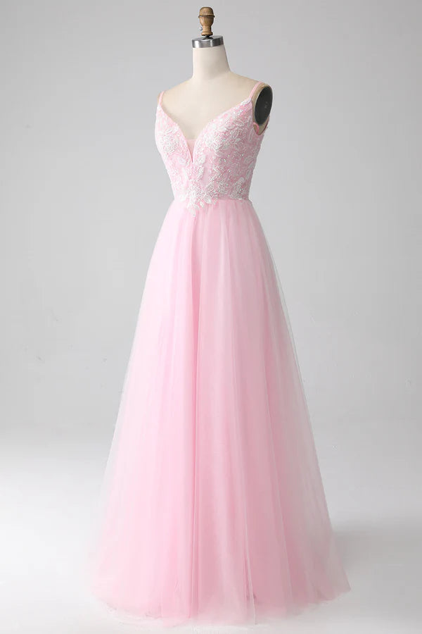 Light Pink A-Line Spaghetti Straps Prom Dress with Beading simple gentle atmospheric and unique desi