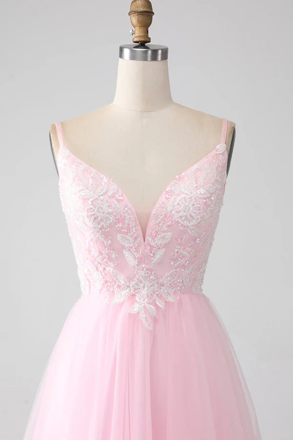 Light Pink A-Line Spaghetti Straps Prom Dress with Beading simple gentle atmospheric and unique desi